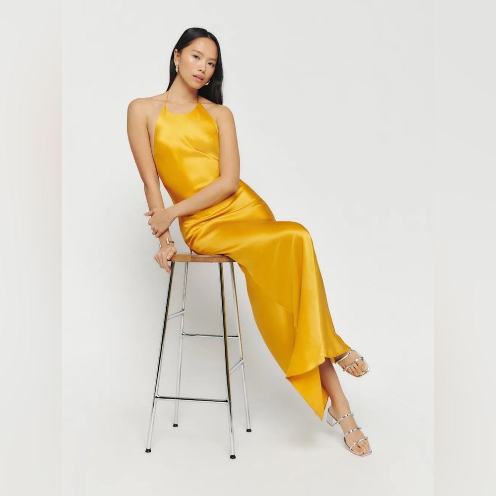 Reformation Jeany Silk Dress Tumeric Size Large NWT - Picture 7 of 16